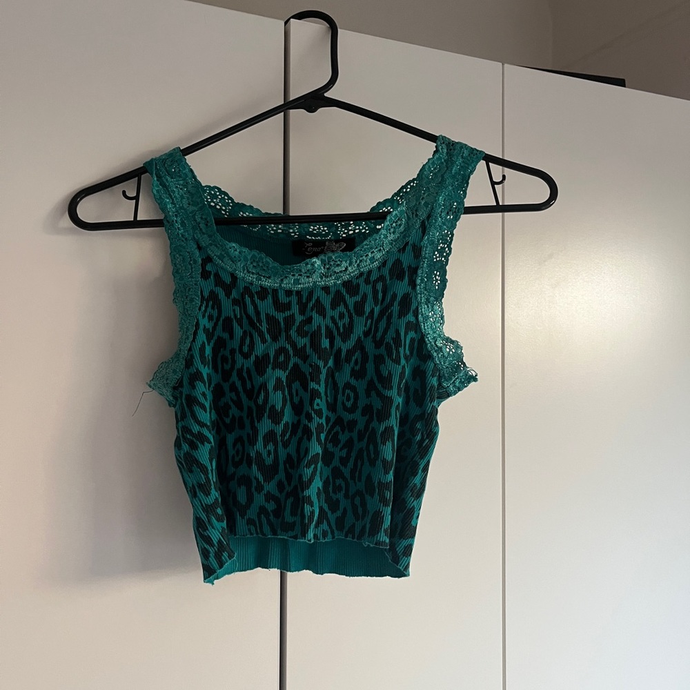 Tiger print teal/turquoise cropped tank top